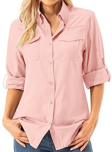 Asfixiado Chemise de randonnée aérée pour femme, manches longues, protection solaire UPF 50+, séchage rapide, parfaite pour le safari et les activités extérieures, Rose, L