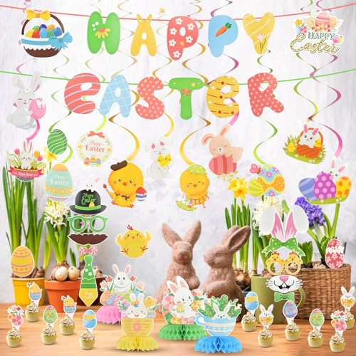 Easter Decorations, Happy Easter Banner, Party Decoration Set, Cake Inserts, Egg Flags, Spiral Pendants