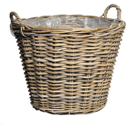 Cesto per piante in rattan naturale con manici – 42 cm – Cestino per fiori in vimini con pellicola – Cestino decorativo da giardino in vimini intrecciato