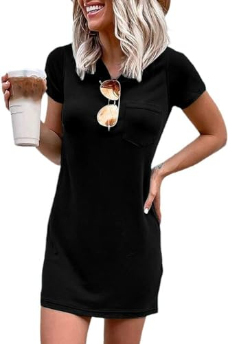 Imily Bela Vestidos de verano para mujer, manga corta, camiseta de cuello redondo, minivestidos, básicos, con bolsillos, Negro , M