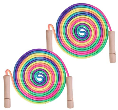 Homello 16 FT Double Dutch Jump Rope for Kids - Wooden Handle - Adjustable Cotton Braided Fitness Skipping Rope - Rainbow 2 Pack
