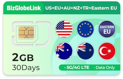 EIOTCLUB Tarjeta SIM de datos de viaje de 2 GB para 30 días de cobertura en Turquía, Australia, Nueva Zelanda, Europa del Este, Estados Unidos y 33 países europeos, 5G, recargable, sin contrato