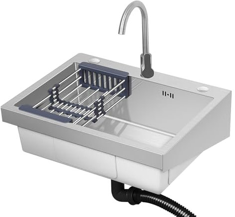 Edelstahl-Waschbecken zur Wandmontage, Kommerziell Einzelbecken Spülbecken Handwaschstation Edelstahlspüle mit 360° Wasserhahn, Waschbecken Für Waschküche Garten Garage