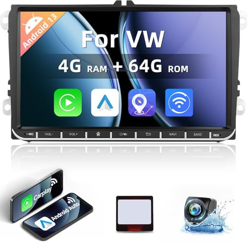 NHOPEEW Radio de 4 + 64G para VW Passat b6 b7 Golf 5 6 Jetta T5 EOS Polo Touran Seat Sharan - Android 13 Carplay inalámbrico y Android Auto - Pantalla táctil de 9 Pulgadas con EQ WiFi GPS FM RDS