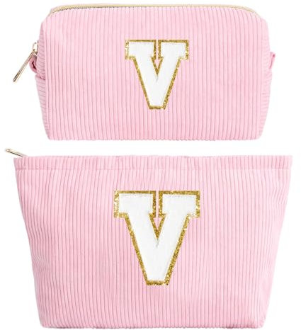 2 Stück Initialen Make-up-Tasche, Cord-Kosmetiktasche Organizer, Reise Kulturbeutel Schminktasche Damen, Weihnachten Geburtstag Geschenk für Frauen Mädchen Beste Freundinnen Brautjungfern Rosa(V)