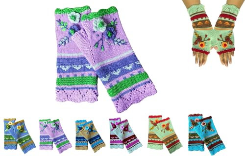 Handgestickte Armstulpen Damen Winter Fingerlose Handschuhe Blumen Stickerei Stulpen Damen Hände Handstulpen Pulswärmer Handschuhe Strick Winterhandschuhe Gestrickte Fingerlose Fäustlinge (05)