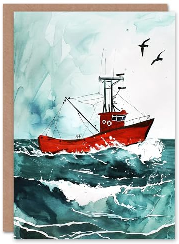 Artery8 Greeting Card Red Fishing Boat at Sea Nautical Watercolour Blank For Him Or Her Art Birthday Card