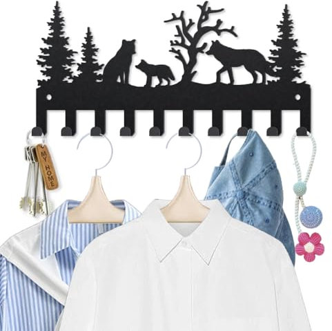 MAYJOYDIY Metall Wölfen Kleiderhaken Für Wand 40×25cm Wildtiere Tote Bäume Wald Schlüsselbrett 10 Haken Naturlandschaften Schwarzer Kunst Schlüsselhalter für Mäntel Hüte Handtücher Taschen Hängen