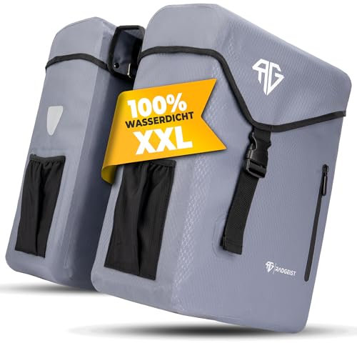 RADGEIST Fahrradtasche für Gepäckträger 100% wasserdicht I Doppeltasche Fahrrad 50 Liter - Gepäckträgertasche doppelt mit einfacher Befestigung (Grau)
