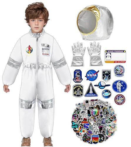 Astronaut Kostüm Kinder,Unisex weiß Weltraum Kostüm,Space Kostüm Rollenspiel, Astronaut NASA Kostüm für Jungen Mädchen mit Astronaut Helm Handschuhe Aufkleber für Karneval Halloween Kostüm (L)