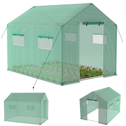 UISEBRT Gewächshaus Winterfest Foliengewächshaus Tomatenhaus mit Gitternetzfolie, Fenster und Erdankern, Verzinkte Rohrrahmen, Frostschutz Treibhaus für Garten Pflanzenanbau (6㎡, 3x2x2 m Grün)