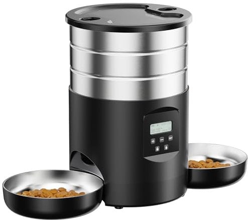 Distributeur Croquettes Chat Automatique Double: Inox Distributeur Croquettes Chien avec 2 Bols - Acier Inoxydable Gamelle Electronique pour Chat - 5L Mangeoire Programmable pour Petite/Moyenne Animau