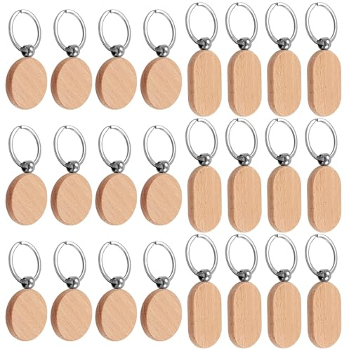 JRJRN 24 Schlüsselanhänger Rohlinge Holz, Wooden Schlüsselanhänger Blanko | Runder Schlüsselanhänger+Rechteckiger Schlüsselanhänger, DIY Blank Holz Schlüsselanhänger für Malerei Dekoration Geschenke