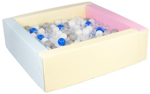 Velinda Piscine à balles carrée avec 300 balles, Cuir écologique, 5 éléments (Couleur de la Piscine/de balles: Rose, Bleu, Jaune (Pastel)/Blanc, Transparent, Bleu, Gris)
