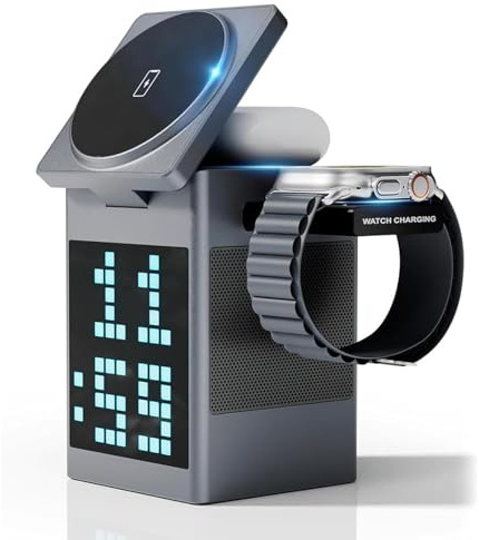Pixelcharge 3-in-1 Bluetooth Speaker & Charging Station, 6 in 1 Induktive Ladestation mit Bluetooth-Lautsprecher, Uhr & 11 Pixel-Bildschirmen, 15W Qi Magnetische Ladegerät für Handys, Uhren, Kopfhörer