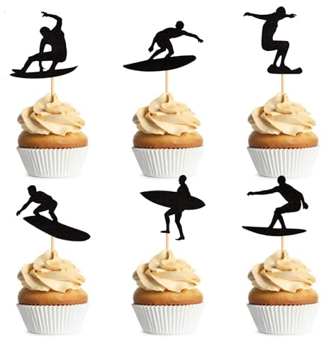Zpilkes 24PCS Surfing Cupcake Toppers Summer Surfboard Sport Cake Toppers Decoration for Summer Beach Surfing Theme Birthday Party Cake Supplies Black