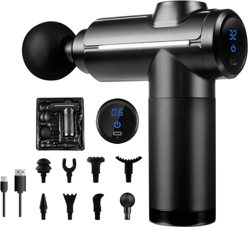 Pistolet de massage pour tissus profonds, masseur à percussion musculaire, 32 vitesses, avec écran tactile LCD, 8 têtes pour la relaxation des épaules, du corps, du dos (Nouvelle version noir)