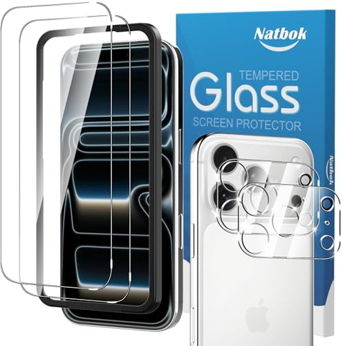 Natbok 2+2 Pack Tempered Glass for iPhone 17 Pro 6.3 Screen Protector, Tempered Glass & Camera Lens Protector with Easy Installation Frame Anti-Scratch Case Friendly Clear HD Film for iPhone 17 Pro