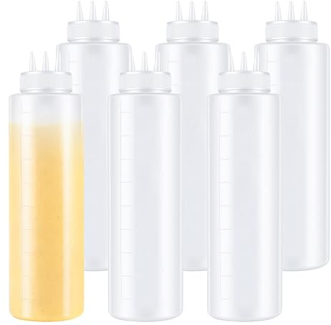 JEUIHAU 6 Pack 3 Hole Squeeze Bottles, 32 OZ/1000 ML Plastic Squeeze Sauce Bottle Condiment Dispenser Bottles with Measurement for Sauces, Ketchup, Mustard, Hot Sauce