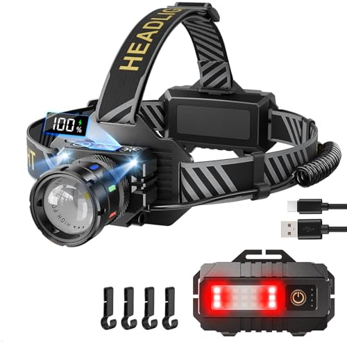 Sefitopher Head Torch Rechargeable,50000LM Super Bright 9 Modes LED Headlight Red Warning and Sensor,IP65 Waterproof 90°Adjustable Focus Headlight for Running, Camping, Hiking, Fishing etc.