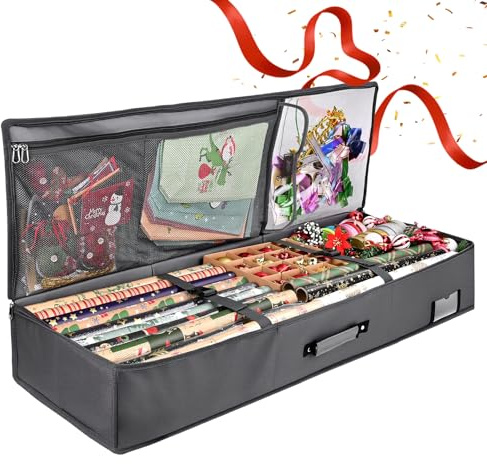 Geschenkpapier Aufbewahrung,Groß Geschenkpapier Organizer 95x35x16 cm,Wasserdichtes 600D Oxford Gewebe Geschenkpapier Aufbewahrung Organizer, Aufbewahrung Geschenkpapierrollen mit Fächern (Grau)