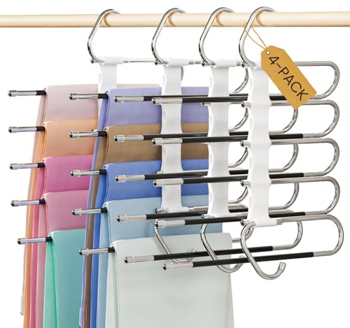 DAMITA Hosenbügel Platzsparend Hosen Weiß Kleiderbügel Kunststoff 4 Stück 5 in 1 Plastik Edelstahl Stabil Faltbare Hosenkleiderbügel Schrank Organizer Schals Jeans Kleidung Für Damen und Herren