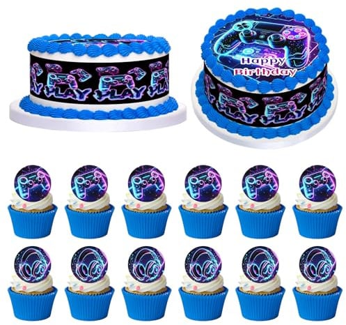 17 Stück Essbarer Runder Tortenaufleger Gamer, 20 cm Gaming Tortendeko | Essbares Tortenband Weihnachten, Muffin Deko Gaming, Neon Esspapier Für Jungengeburtstage