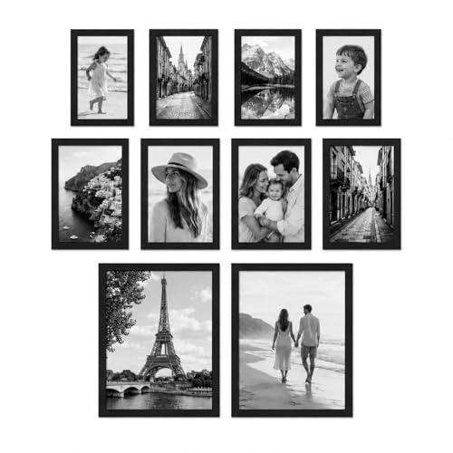 Black Picture Frames Set of 10, 6x4 7x5 10x8, Gallery Photo Wall Display | Wall Mounted or Freestanding Photo Wall Display - Portrait or Landscape Pictures for Hallway, Stairs, Desks and Sideboards