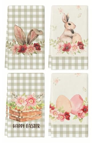 Scinzene 4 Stück Geschirrtuch Ostern Set 40x60 cm - Saugstarke Geschirrtücher Ostern mit Hasen Eier Blumen Motiv - Oster Geschirrtücher Frühling Deko Küche - Küchentücher Geschenk für Frauen