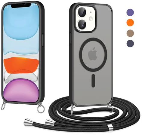 Olgary Funda Magnética con Cuerda para iPhone 11, Compatible con MagSafe, Carcasa Antigolpes Case Translúcida Mate Anti-Arañazos, Protectora Case con Ajustable Cordon Colgante Cadena, Negro
