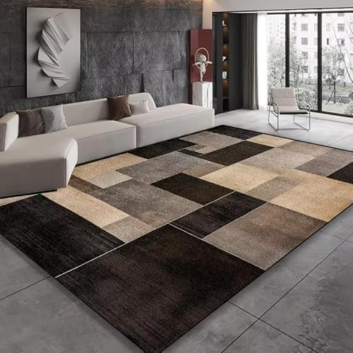UUDIHO Wohnzimmer-/Schlafzimmerteppich, pflegeleicht und strapazierfähig, modernes schwarz-braunes geometrisches Muster, rutschfest, große Größe (250 x 250 cm)