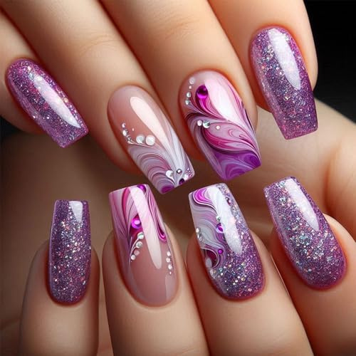 24PCS Short Square Purple Gradient Press On Nails - French Tip Star Glitter with Marble Lines & Crystal Rhinestone Accent Acrylic Full Cover for Everyday Wear, Casual Dates and City Style