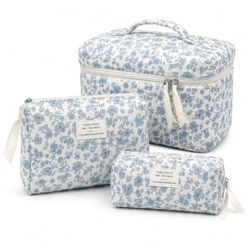 3 Pièces Bleu Floral Trousse De Toilette Femme, Trousse Maquillage Voyage | Polyester Léger; Maison, Week-End Et Déplacements; Femmes Et Adolescentes; 3 Formats Pour Trier Les Essentiels