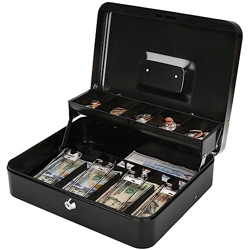 Jssmst Large Cash Box with Money Tray and Lock - Safe Box for Cash Saving Key Lock Money Organizer Box, 11.8L x 9.5W x 3.5H Inches, Black, SM-CB0501L, XLarge