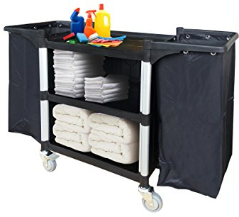T-EQUIP SKMW-132, carrello di servizio per le pulizie, 3 ripiani, 2 sacchi in vinile, L x P x A 139 x 48 x 95 cm, per hotel e locali