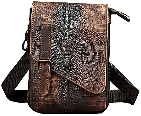 Le'aokuu Herren Verrückt Pferd Leder Tasche Freizeit Universität Schultasche Reisetasche Schultertasche Messenger Bag 611 (611-1 Krokodil Dunkebraun-Größ)