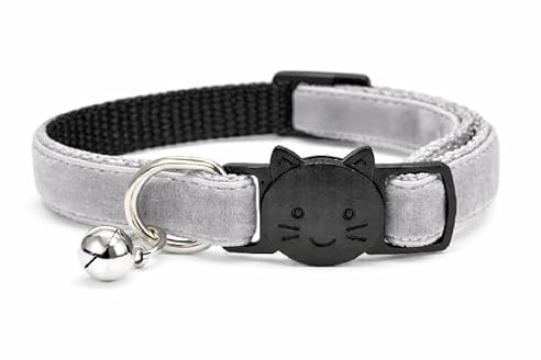 Velvet Cat Collars with Bell | Quick Safety Release Breakaway Buckle | Handmade in the UK | Available in Cat & Kitten Size | Grey Velvet