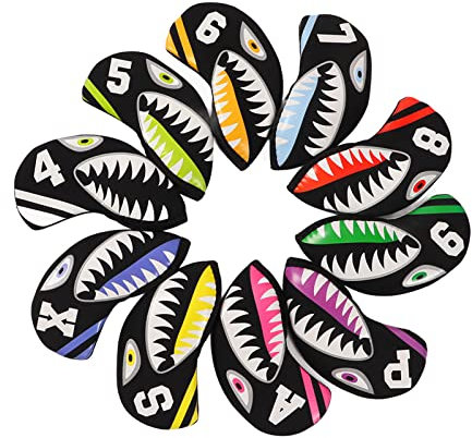 RiToEasysports Golf Club Iron Cover, 10pcs/set Neoprene Golf Iron Headcover Sleeve with Number Markers Golf Club Covers Golf Club Head Protect Case Cartoon Shape(Shark) Leisure Sport