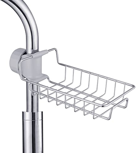 LEADAHEAD Sink Drain Rack Sponge Holder Stainless Steel Kitchen Sink Caddy Organizer No Drill Bathroom Storage Rack for Soap Sponges Dishcloth Shampoo (1 Pack)