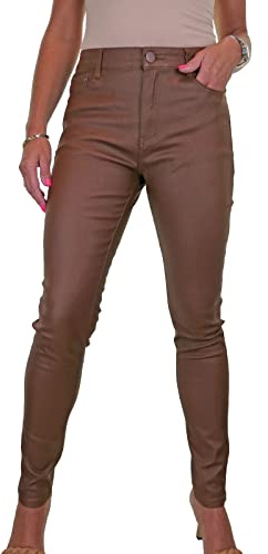 Women's High Waist Leather Look Jeans Ladies Skinny Coated Trousers | Very Stretchy Coated Trouser, Jeans Style, Ladies Faux Leather Pants with Pockets