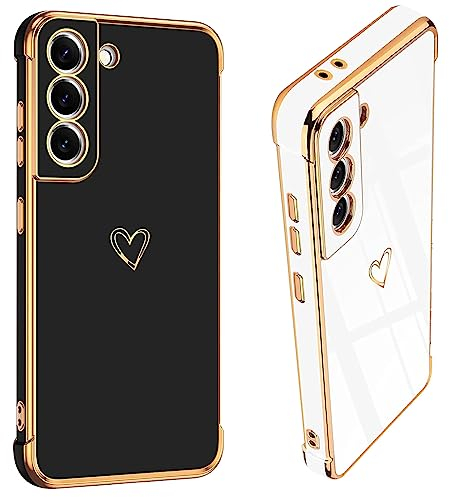 DSOIYIC 2 Stück für Samsung Galaxy S21 5G Hülle Herz, Handyhülle Samsung S21 Mädchen Liebe Muster Galvanisierte Schutzhülle Weich TPU Stoßfest Case Dünn mit Kameraschutz - Schwarz & Weiß