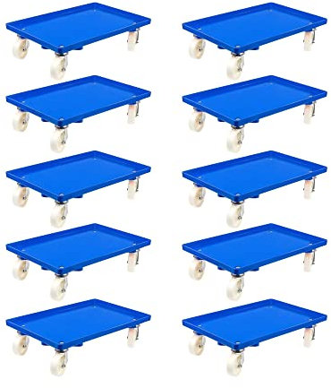 SparSet 10x Transportroller für Euroboxen 60x40cm mit Kunststoffräder blau | Geschlossenes Deck | 4 Lenkrollen | Traglast 300kg | Kistenroller Logistikroller Rollwagen Profi-Fahrgestell