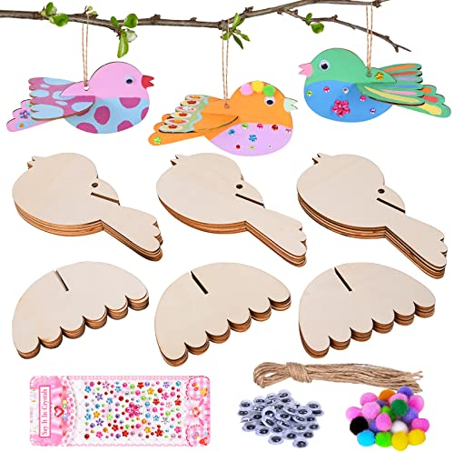 Herefun 3D Vögel Bemalen Ostern, 15 Stk Vögel Holzbastelsets für Kinder, Kreative Kunst & Bastelbedarf Set, Osterdeko Holz Anhänger Idee für Jungen und Mädchen