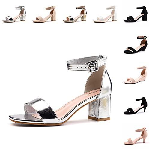 Hitmars Sandalias Tacones Mujer Fiesta Comodos Sexy Elegantes Zapatos Tacon Ancho Cuña Sandalias Tacon Mujer Correa de Tobillo 6 CM 1 Plata Talla 38