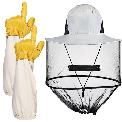 Imkerhandschuhe, Hüte, Set enthält dicke Bienenhandschuhe aus Ziegenleder mit belüfteten Ärmeln und Imkerei-Fechtschleier, Moskito-Hüte, Netz, Sonnenkopf-Netz, Hut mit verstecktem Netz-Maske