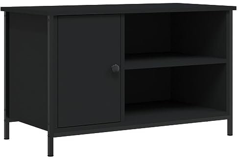 vidaXL Engineered Wood TV Cabinet - Black Entertainment Center with Storage Shelves and Iron Feet for Living Room, Bedroom