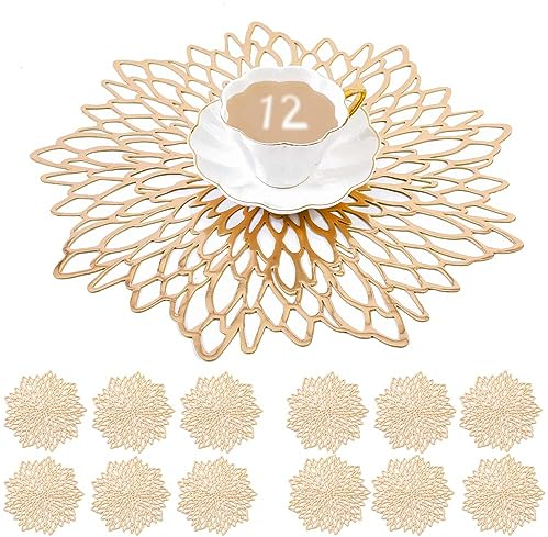 Mangata Gold Placemats and Coaster Sets of 12, Round Table Placemats for Christmas, Wedding, Dinner Parties, Restaurant, Hotel, 38cm, 15.5inches