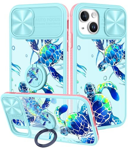 Plakill for iPhone 14 Case with Slide Camera Cover, Sea Turtle Cases for iPhone 14 with Ring Holder, Turtles Stylish Aesthetic Designer Slim Protective Cover for 14