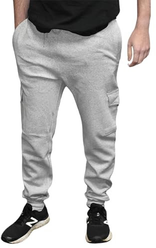 True Face Mens Trouser Fleece Sweatpants Cargo Combat Joggers Multi Pockets Elasticated Ribbed Sports Running Fitness Gym Jogging Bottoms Grey Ribbed L
