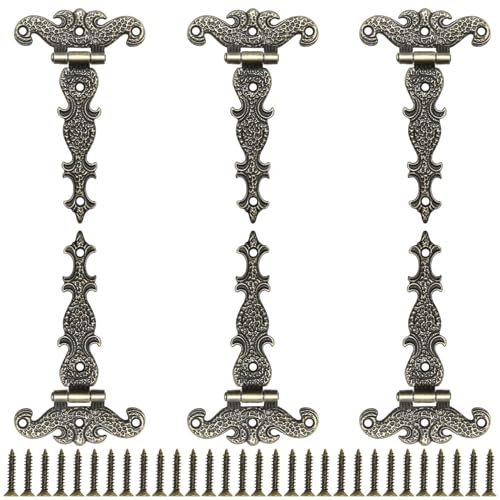 Aifeier ET Lot de 6 charnières décoratives vintage en forme de T, 11,4 x 6,3 cm, charnière décorative en alliage sculpté avec vis pour petite boîte en bois, boîte à bijoux, placard, porte, armoire